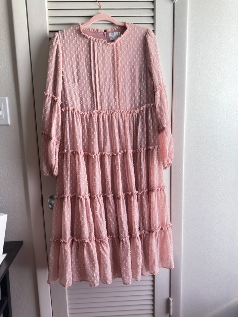 Dainty Jewells Blush Pink Tiered Swiss Dot Midi Dress